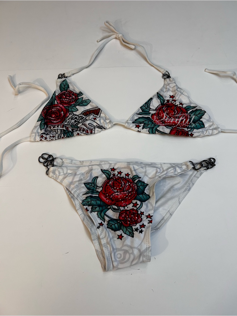 Sinful by Affliction White Bikini Set with Red Rose Print